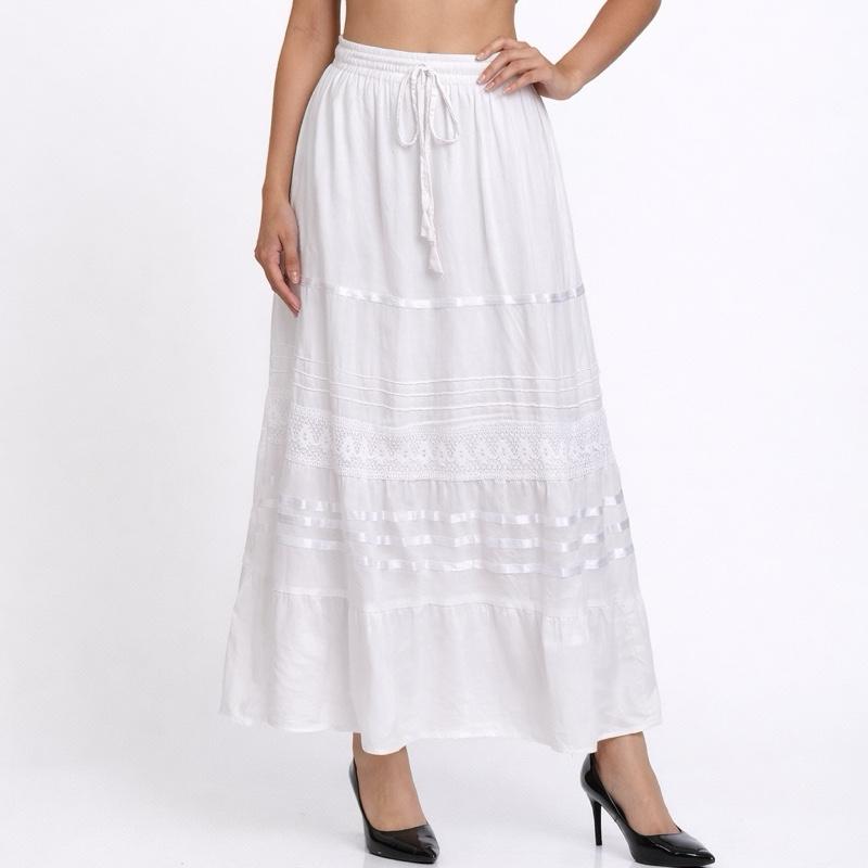 Women's White Boho Maxi Skirt with Drawstring Waist and Tiered Lace Detail for Stylish Comfort Bottom Womenswear one sizes fits all