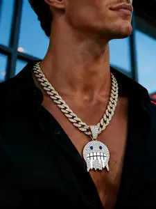 Men's Streetwear Hip Hop Cuban Necklace, Full Diamond Emoji Pendant Jewelry, Trendy Party Accessory for Young Men