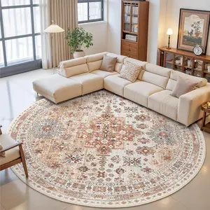 ComiComi 6ft 8ft 9ft Round Rugs for Living Room, Bohemian Style Non-Slip Washable Round Area Rugs, Ultra-Thin Large Circle Rugs, Soft Low Pile Rug for Bedroom, Kitchen - Vintage Stain Resistant Round Rug