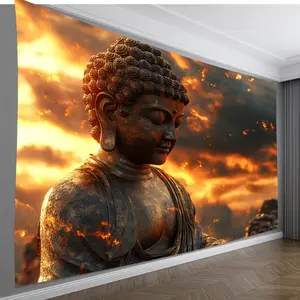 Baroque Style Sunrise Buddha Tapestry - Vibrant Polyester Wall Hanging with Serene Meditation Buddha Design and Fiery Sky Backdrop, Perfect for Weddings, Events, Exhibitions, and Outdoor Decor, Event Decoration | Vibrant Wall Hanging | Orna Size