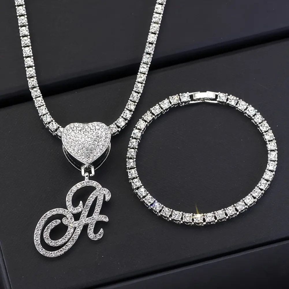 2pcs Rhinestone Pendant Necklace + Bracelet Set, Silvery Golden Jewelry For Men