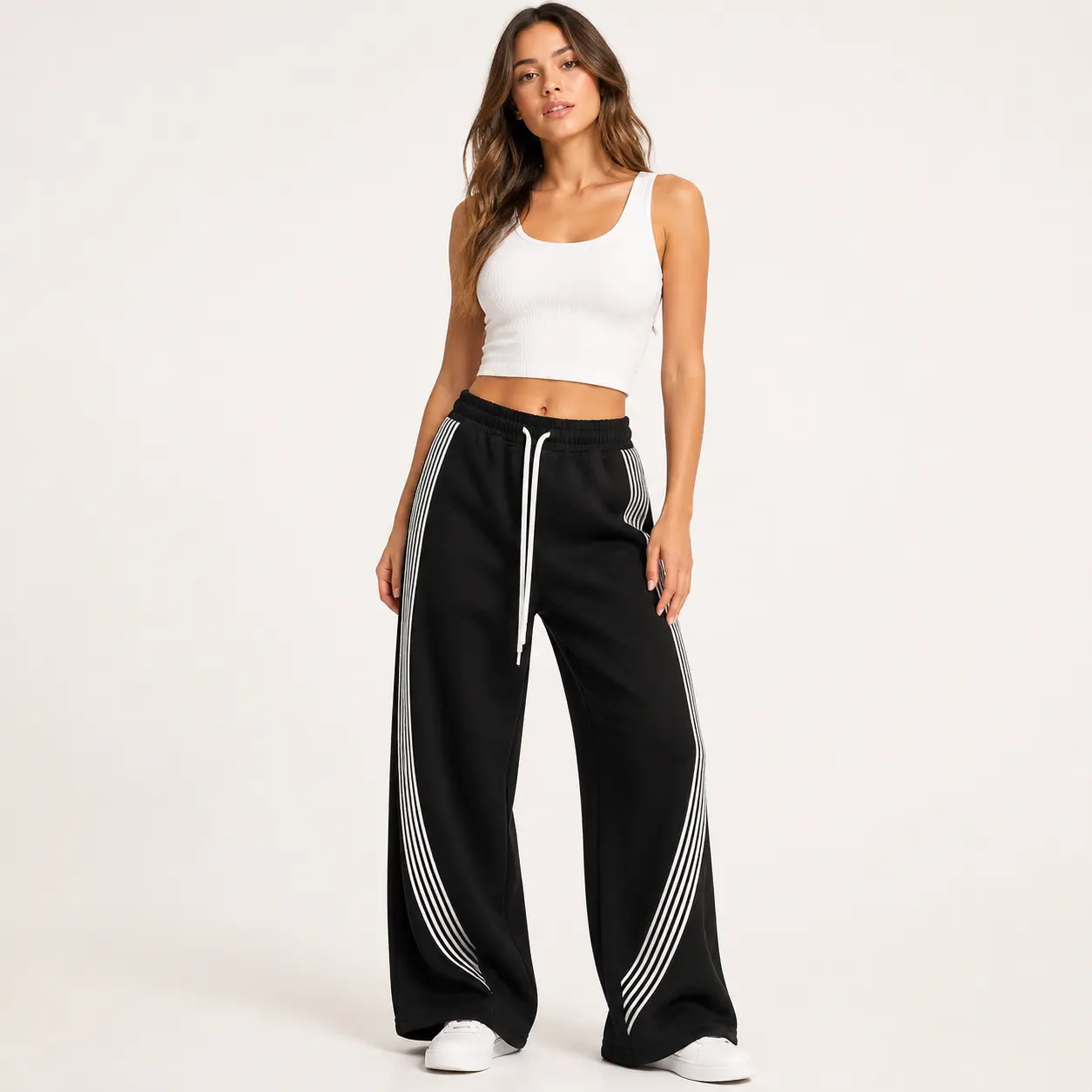 Women’s Y2K Wide Leg Track Pants High Waisted Drawstring Sweatpants with Contrast Side Stripes Casual Streetwear Pants