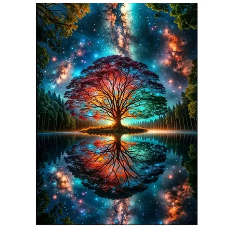 1pc 30x40cm(11.81x15.7 inch) Round Tree of Life Diamond Painting Kit - Frameless Universe Galaxy Reflection DIY Diamond Mosaic Embroidery Crafts, Waterproof Handicraft Hobbies Kit Adults for Living Room Wall Art (Toys & Hobbies DIY Needlework)