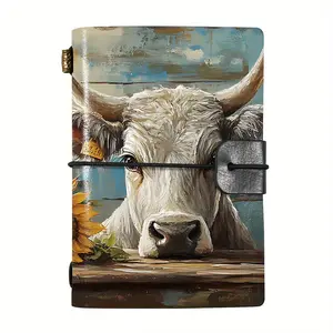 1pc Short Pocket Subject Notebook A7 Size 5.5x3.7 Inches, White Cow with Sunflower Design Ideal Gift for Thanksgiving, Christmas and Birthday