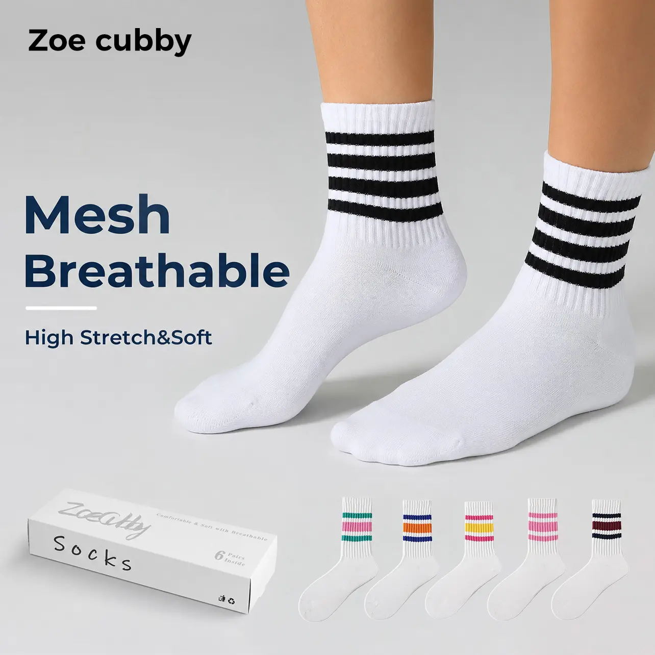 6-Pair Modern Retro Crews, Sporty Chic Striped Sportswear in Breathable Combed Cotton with Seamless Toe & Rib Cuffs for Women & Men, Socks For Women, Walks, Men’s9-12, Fashion
