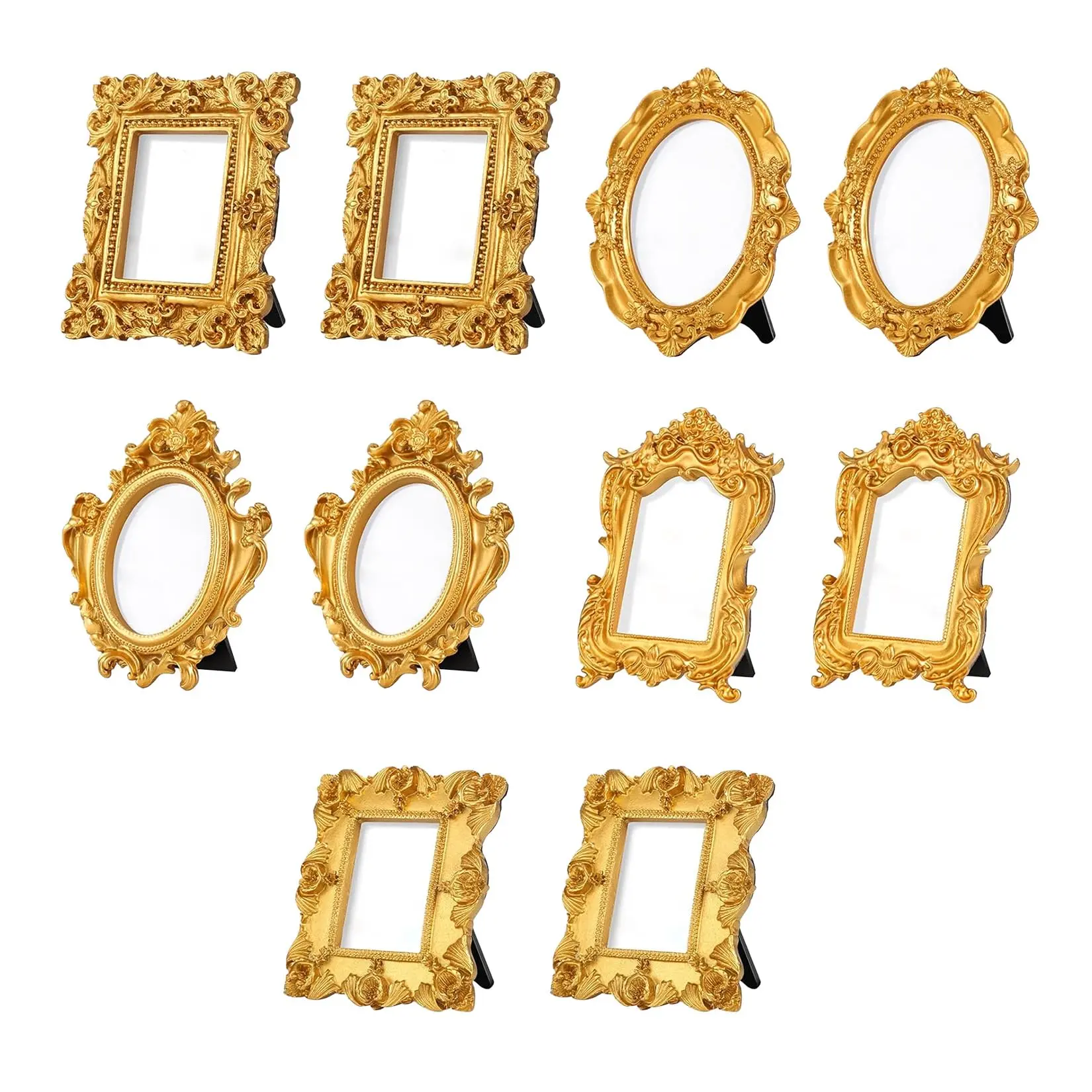Gold Vintage Resin Photo Frame Set - 10-Piece Baroque Style Indoor Furniture Set with 5 Different Floral Retro Oval Designs, Lightweight Mini Tabletop Frames for Photos, Table Numbers, Decor