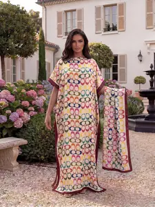 Women's Elegant Chic Geometric Print Casual Robe Set, Fitted Long Dress & Headscarf Scarf, Beach Sun Protection Satin Silk Shawl