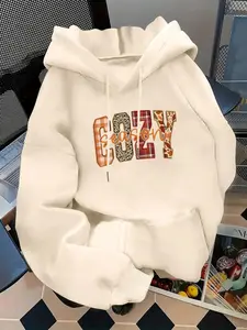 Women's Casual Fashion Loose Letter Front Print Embroidery Hoodie, Fitted Long Sleeve Pullover for Fall & Winter, Comfortable Daily Wear
