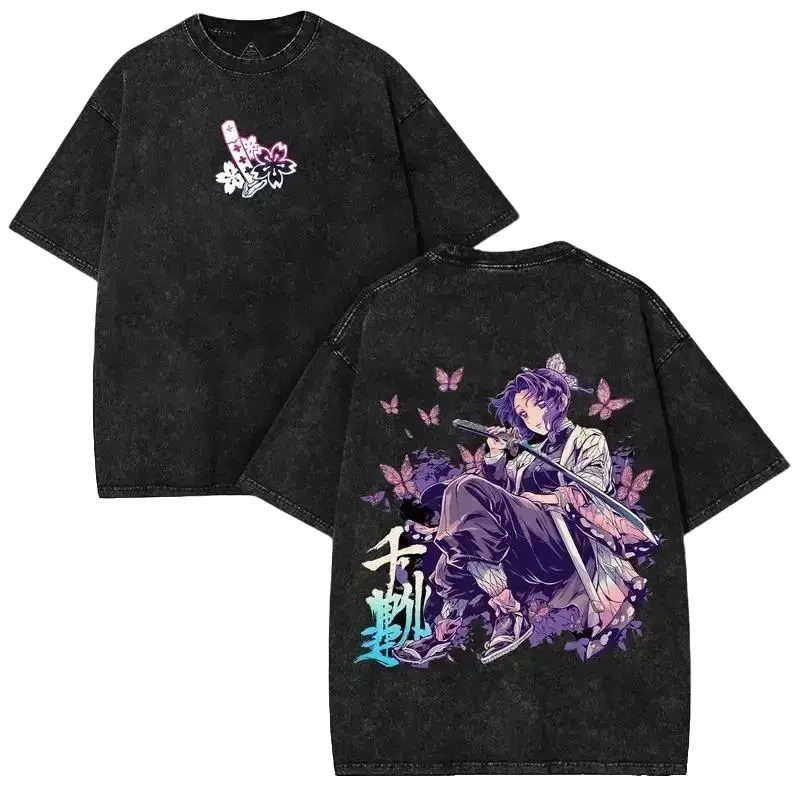 Vintage Acid Wash Black Shinobu Kocho Double Sided Oversized Tee, Demon Slayer Purple Butterfly Insect Hashira Anime Graphic Heavy Cotton Unisex T-Shirt, Distressed Y2K Japanese Manga Streetwear Loose Fit Top