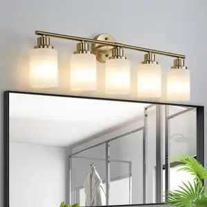 Luxe Divine Collection ~ 5 Lamps Gold Bathroom Vanity Lamp, Frosted Glass Shade, Modern Wall Mounted Lighting Chandelier