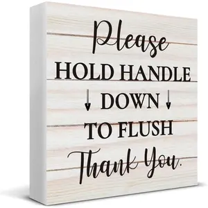 1pc 2D flat printing wood box sign,5*5*1.5inch Please Hold Handle Down to Flush Wooden Box Sign Desk Decor, Bathroom Decorations, Bathroom Quote Wood Box Sign for Home Bathroom Shelf Table Decoration