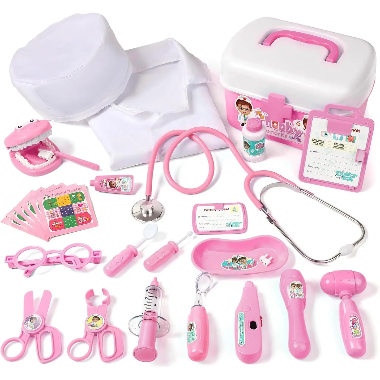 Durable Doctor Kit for Kids 27 Pcs Deluxe Pretend Play Medical Toy with Real Stethoscope Toddlers Boys Girls Birthday Gift Aged 3-8 Pink