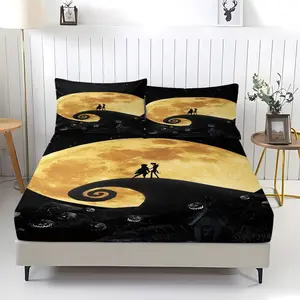 Gothic Fitted Sheet Set (3-Piece, 1 Fitted Sheet + 2 Pillowcases, No Pillow Inserts Included),  Jack & Sally,Victor & Emily,Perfect for Gothic Bedroom Decor, Ideal Gift for Fans