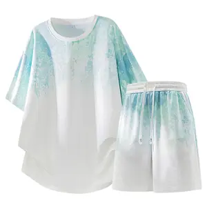 Summer Ready Mens Tie Dye Gradient Two Piece Outfit with Crew Neck Short Sleeve T Shirt and Elastic Waist Drawstring Shorts for Beach Vacation Daily Wear and Street Style