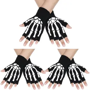 Unisex Half-Finger Sports Gloves - Skull Print Skeleton Design, Warm Cotton-Acrylic Blend, Sports & Outdoor Accessories for Halloween Goth Costumes