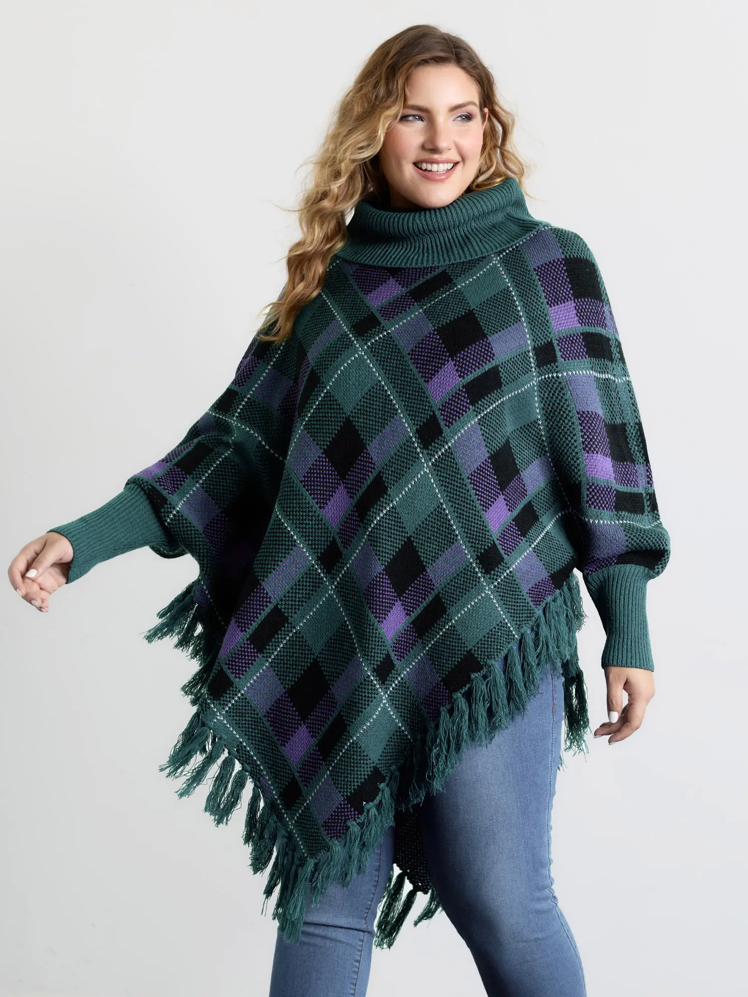 BloomChic Lady's Scarlet Plaid Turtleneck Pullover Sweater - Oversized Acrylic Knitting Fabric Long-Sleeve Fringe Hem Tunic Top, Indigo, Flat