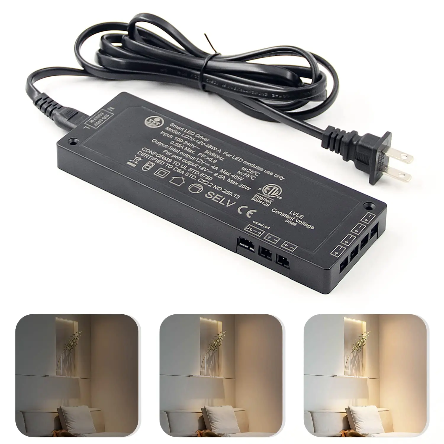 VST Metal Compact LED Power Supply, 100V-240V AC to 12V 48W DC Constant Voltage Transformer, 12V JST Ports, Overload-Protected Driver for LED Strip Lights, Under Cabinet Lights, ETL Certified (With 2 Screws)