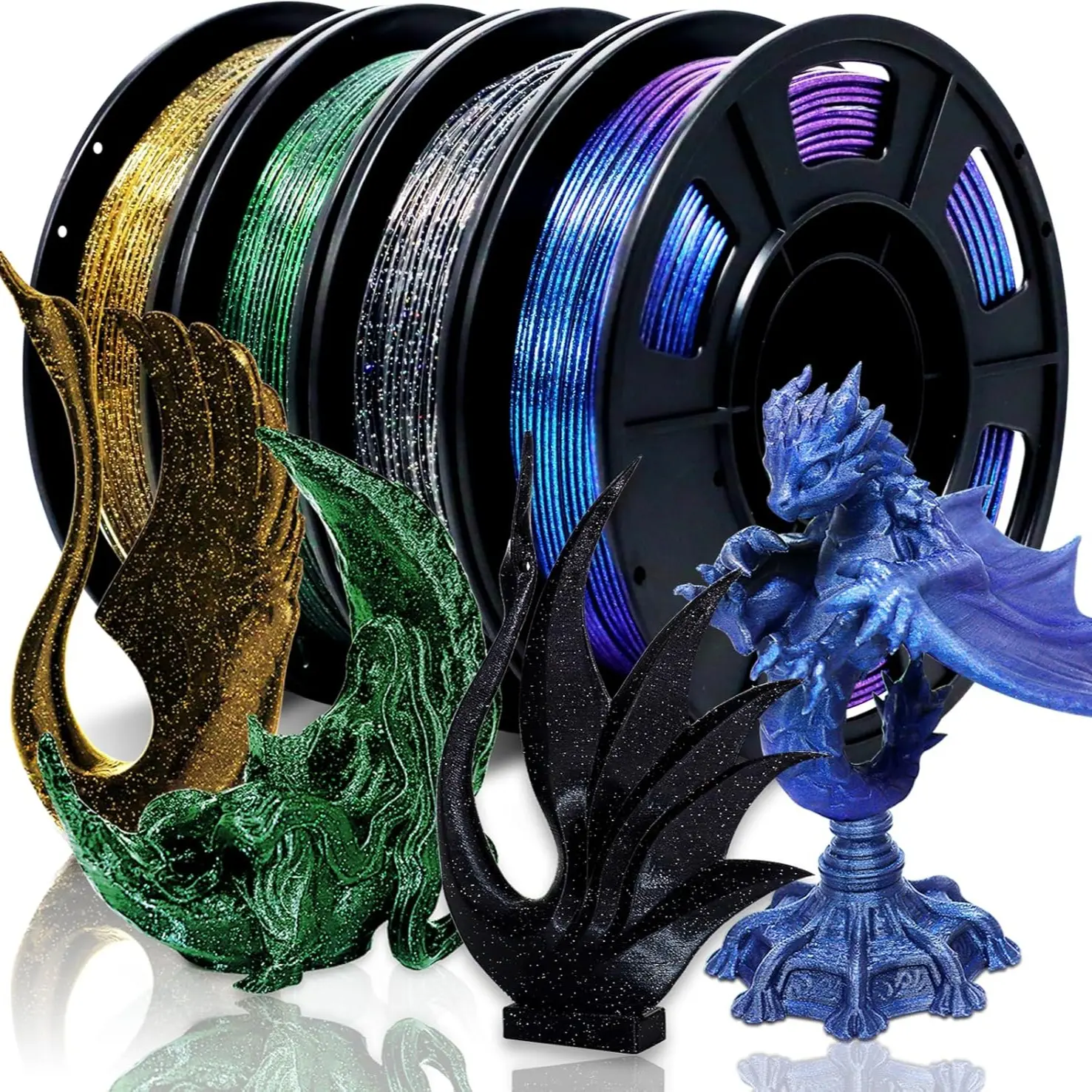Pla Filament Multi-Color Glitter Sample Pack, Shiny Galaxy Silk Pla 1.75mm for 3D Printers, Glow-In-The-Dark Laser Series, 250g X 4 Reels