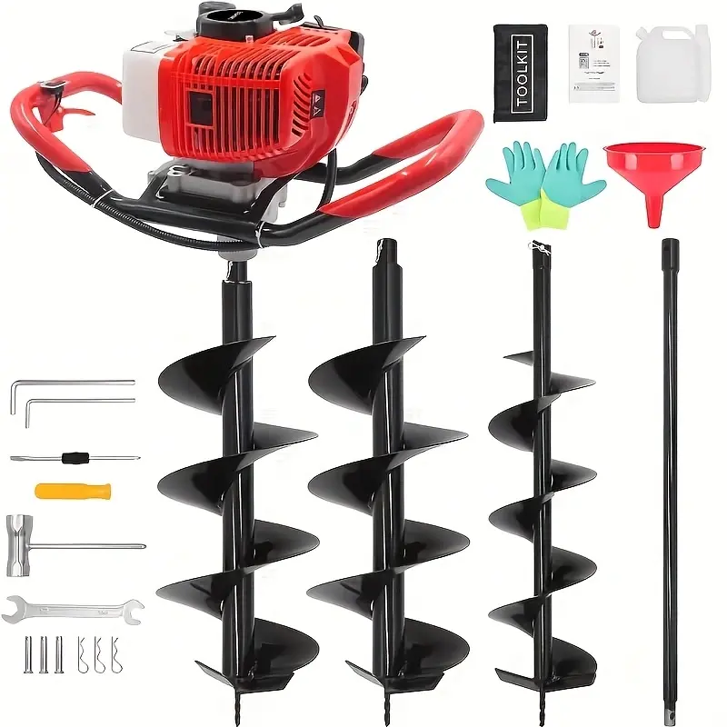 Orange 2-Stroke Gasoline-Powered Post Hole Digger - 2 Auger Bits (6-in, 8-in), 1 Extension Bar for Farm, Garden Planting, None, Not Applicable