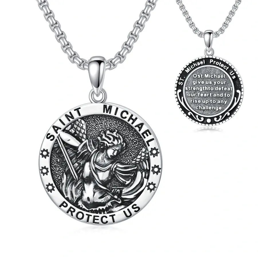S925 Sterling Silver Saint Michael Pendant Necklace for Men and Women with Engraved Words