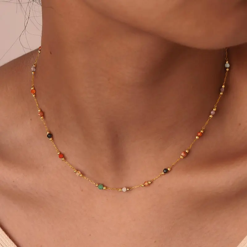 Women's Stainless Steel Non Tarnish No Tarnishing Gemstone Necklace with Colorful Natural Stone Beads, Casual Daily Wear Jewelry Gift, Random Colors and Styles