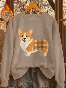 Women's Fall Winter Round Neck Faux Fur Sweater, Cartoon Corgi Print, Casual Long Sleeve Top, Cute and Stylish