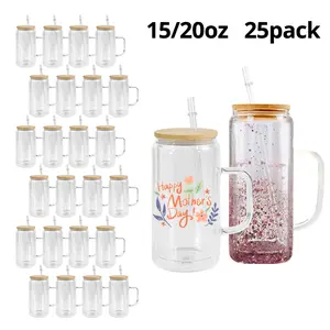 25pcs 15/20oz Sublimation Snow Globe Glass Cups with Handle and Bamboo Lid, Clear Double Wall  Portable Glass Mugs with Pre-drilled Holes and Rubber Stoppers, for Glitter Snow Globe DIY, Festive Gifts.