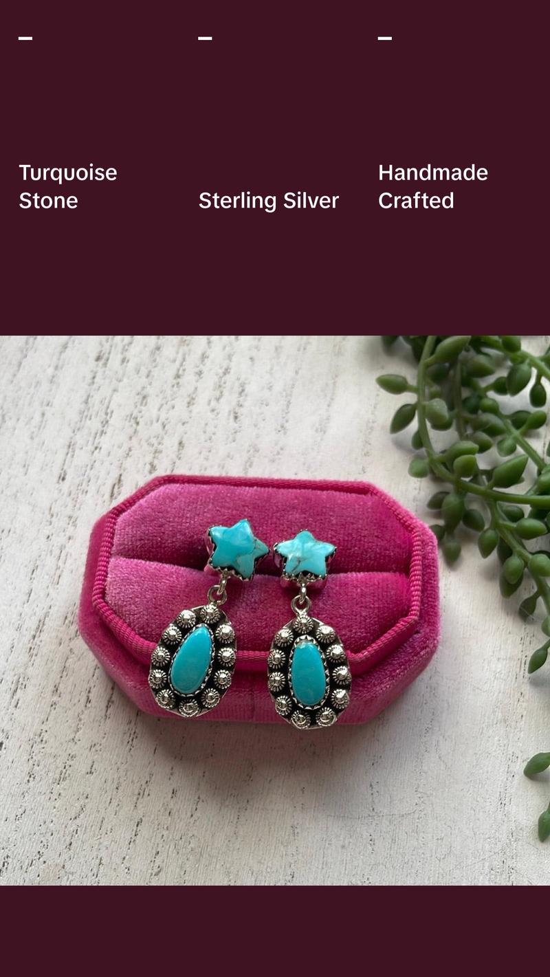 Handmade Star Sterling Silver & Turquoise Dangle Earrings Signed Nizhoni