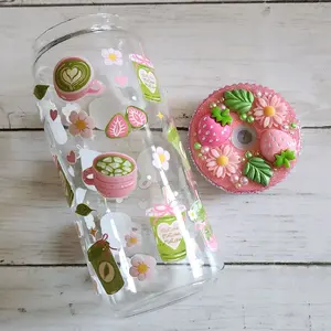 Matcha Strawberry 20 oz Glass Cup with Decorative Matching Lid - Perfect for Beverages and Drinks