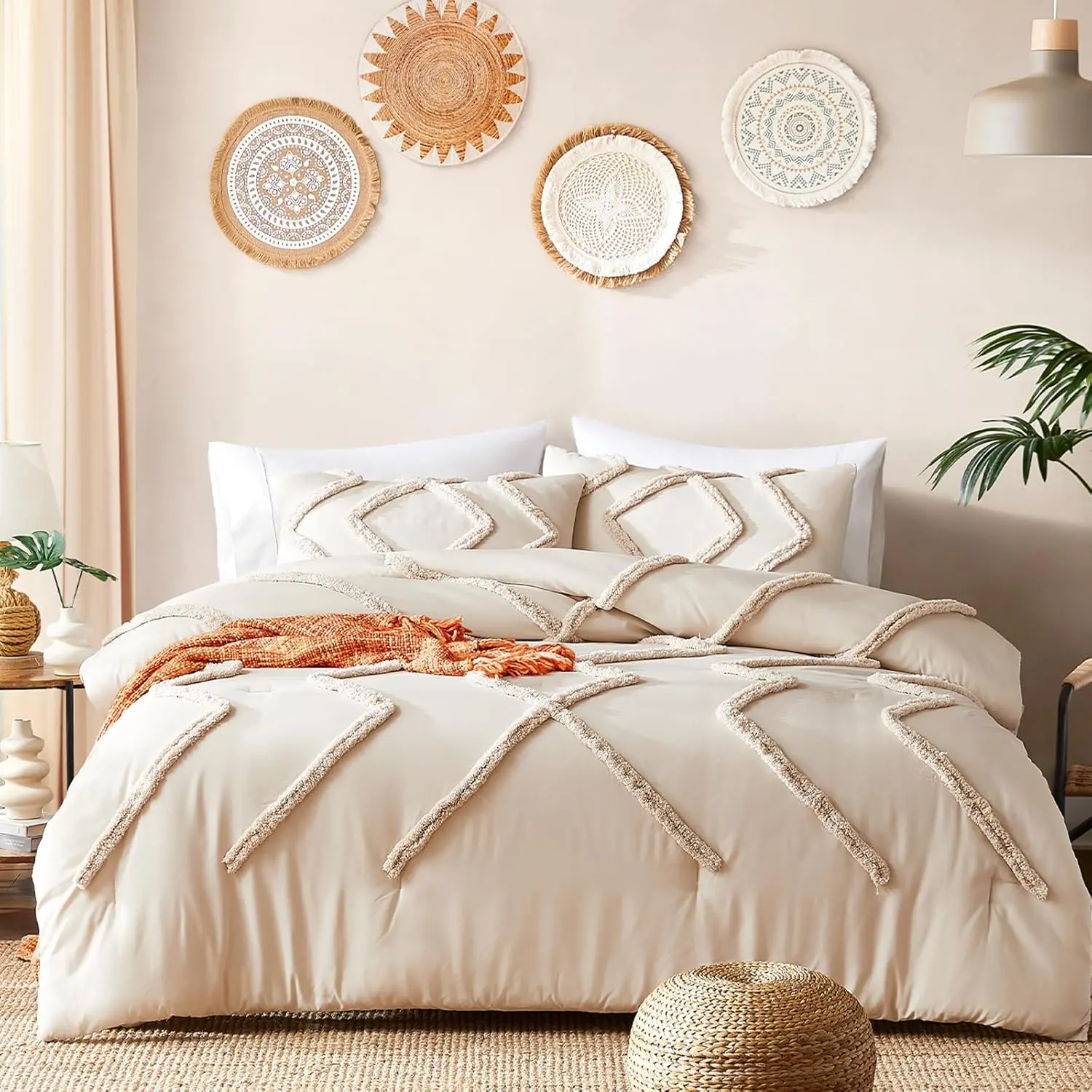 Comforter Set Beige Tufted Comforters Sets Bedding for  Bed 3 count Boho Comforter Soft Fluffy Lightweight Comforter with 2 Pillow Cases for All Season