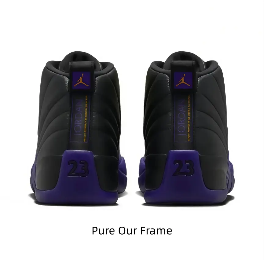 Black grain leather high-top sneakers with bold purple midsole and metallic gold lace locks, regal colorway delivers dominant street energy