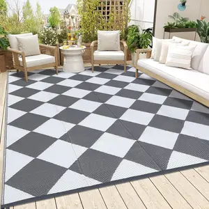 Garvee Outdoor Rug 9x18, Reversible Plastic Straw Mat with Carry Bag, Easy to Clean Checkered Floor Carpet for RV, Patio, Camping, Deck, Picnic(Grey/White)