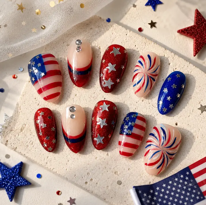 Patriotic Press On Nails, Red White Blue American Flag Fake Nails, Handmade Reusable Gel Nails, Star & Stripe Nail Set, 4th of July Summer Nail Art Gift for Women, Holiday Party Multicolor
