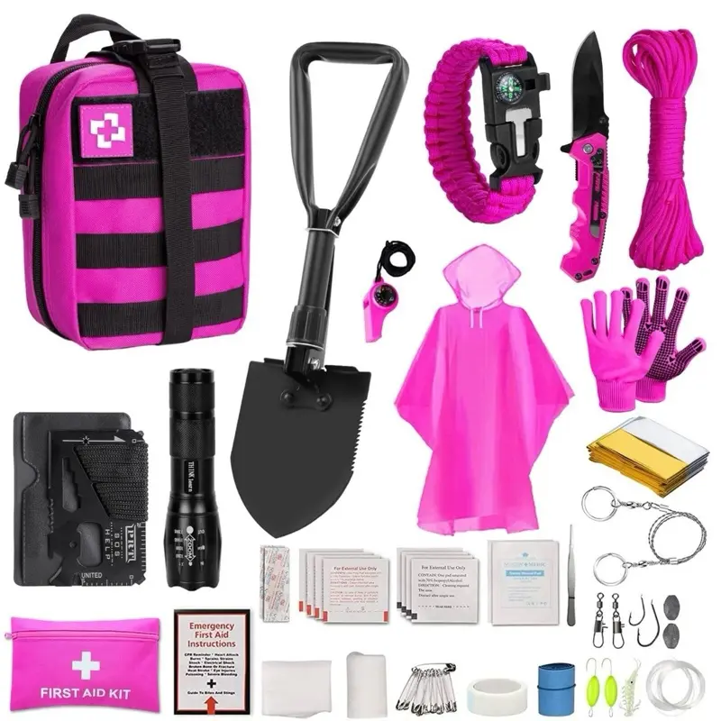 Pink Survival Kit with First Aid Kit Hiking Camping Gear and Equipment for Women Survival Set with Molle Pouch, Outdoor Gift