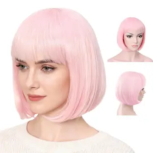 Light Pink Short Bob Wig, 10-Inch Straight Cut Flapper Style Heat-Friendly Synthetic Hair with Adjustable Cap for Cosplay & Parties, Short Hair Hairstyles