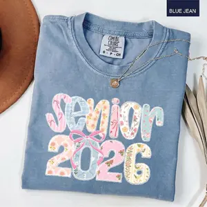 Comfort Colors Senior 2026 Floral Patchwork Bow Shirt, Cute Graduation Graphic Tee, Class of 2026 Aesthetic Gift, Trendy Grad Shirt for Women