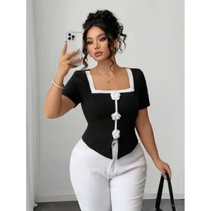 Plus Size French Design Floral Decor Knitted Crew Neck Fitted Slim T-Shirt Plus Size Plus Size Tops For Women Short Sleeve Curve Plus Tops Body Suit Plus Size, elegant plus size women's clothing