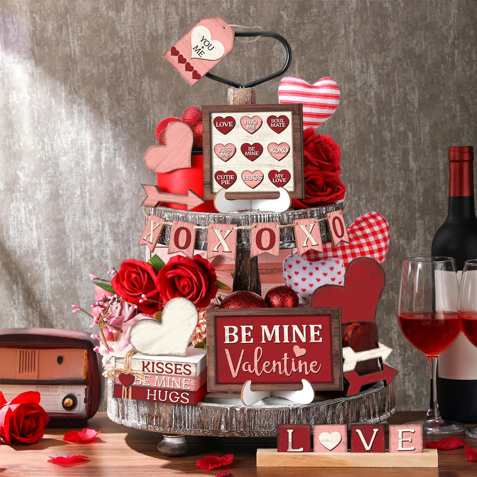 19-Piece Love-Themed Valentine's Day Wooden Home Decor Ornaments Set (No Tray) – Layered Sign Centerpiece, Wedding Table Centerpieces for Home Party Anniversary Living Room Shelf Bedroom Kitchen Valentines Gift