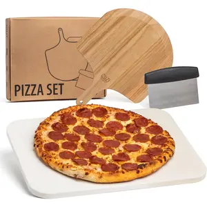 3- Pizza Stone Set - 15x12" Thermal Shock Resistant Cordierite Pizza Stone, 15x12"   Pizza Peel & Pizza  - Pizza Stone for Grill and Oven