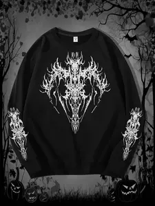 Men's Gothic Dark Style Printed Long Sleeve Fitted Crew Neck Sweatshirt, Casual Street Fashion Classic Pullover, Perfect Halloween Choice, Spring & Fall Wear, Menswear