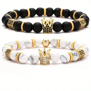 2 Pcs Of Black And White Natural 8mm Beaded Crown Bracelet For Men Avant-garde Fashion Men's Bracelet Set