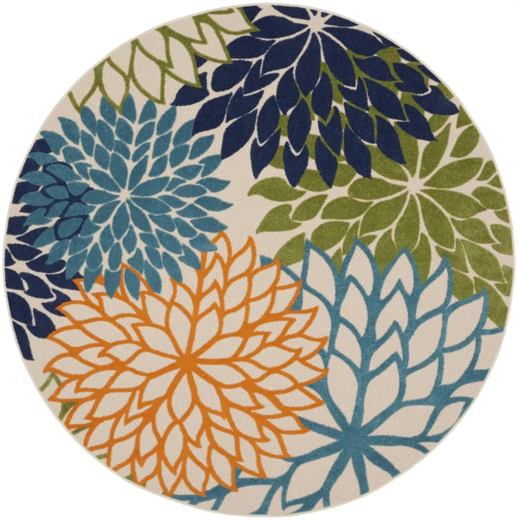 212 MAIN 10 ft. Round Floral Power Loom Low Pile Circle Area Rug - Blue & Green Flat Weave, Contemporary Indoor-Outdoor Household Decor with Tropical Vibe, Floral Area Rug, Low Pile Rug