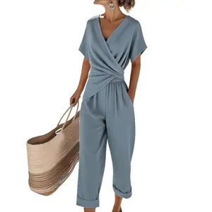 Womens Surplice Wrap V Neck Twist Knot Waist Jumpsuit Short Sleeve Cropped Wide Leg Pants Romper Casual Summer Vacation Outfit One Piece Playsuit with Pockets 2-piece cozy fit