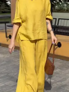 Women's Cotton Linen Ramie Breathable Casual Suit 2026, High-Quality Long Sleeved Pants, Solid Color, Plus Size, European and American Style Clothing
