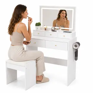 Large Vanity Desk with Power Outlet Hair Dryer Holder 5 Drawers 3 Lighting Colors Adjustable Makeup Vanity Set for Bedroom White