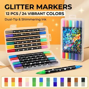 24 Colors Glitter Effect Brush Markers,Dual Tip Dual Color 1-5mm Soft Brush Shimmer Marker for Doodle Writing, Glitter Art Crafts Adults DIY Crafts Greeting Birthday Cards Making, Art Supplies