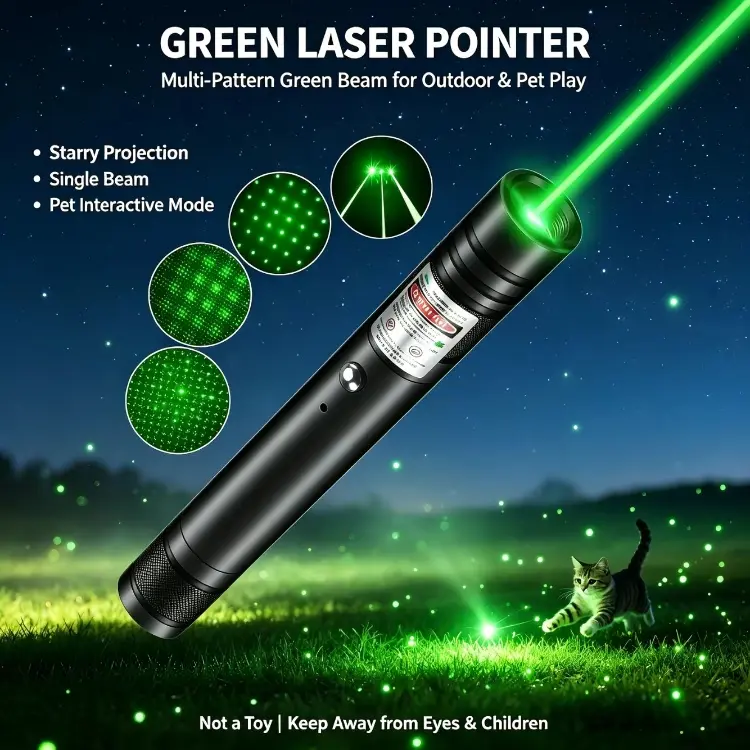Green laser pointer, multiple star patterns with green beams, single-point beam used for outdoor stargazing, playing with pets, teaching, and presentations