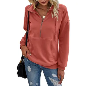 Women's Casual Long Sleeve Lapel Zipper Sweatshirt Drawstring Loose Pullover Tops