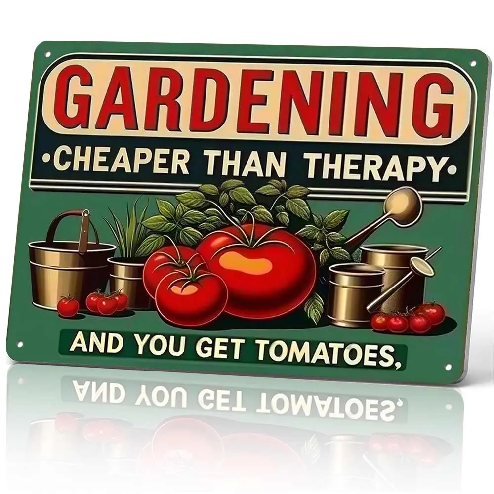 Vintage Funny Gardening Aluminum Sign, 12x8 in Vegetable Tomato Wall Plaque with Mount for Yard Decor, Patio Outdoor Home Decor (Cheaper Than Therapy)