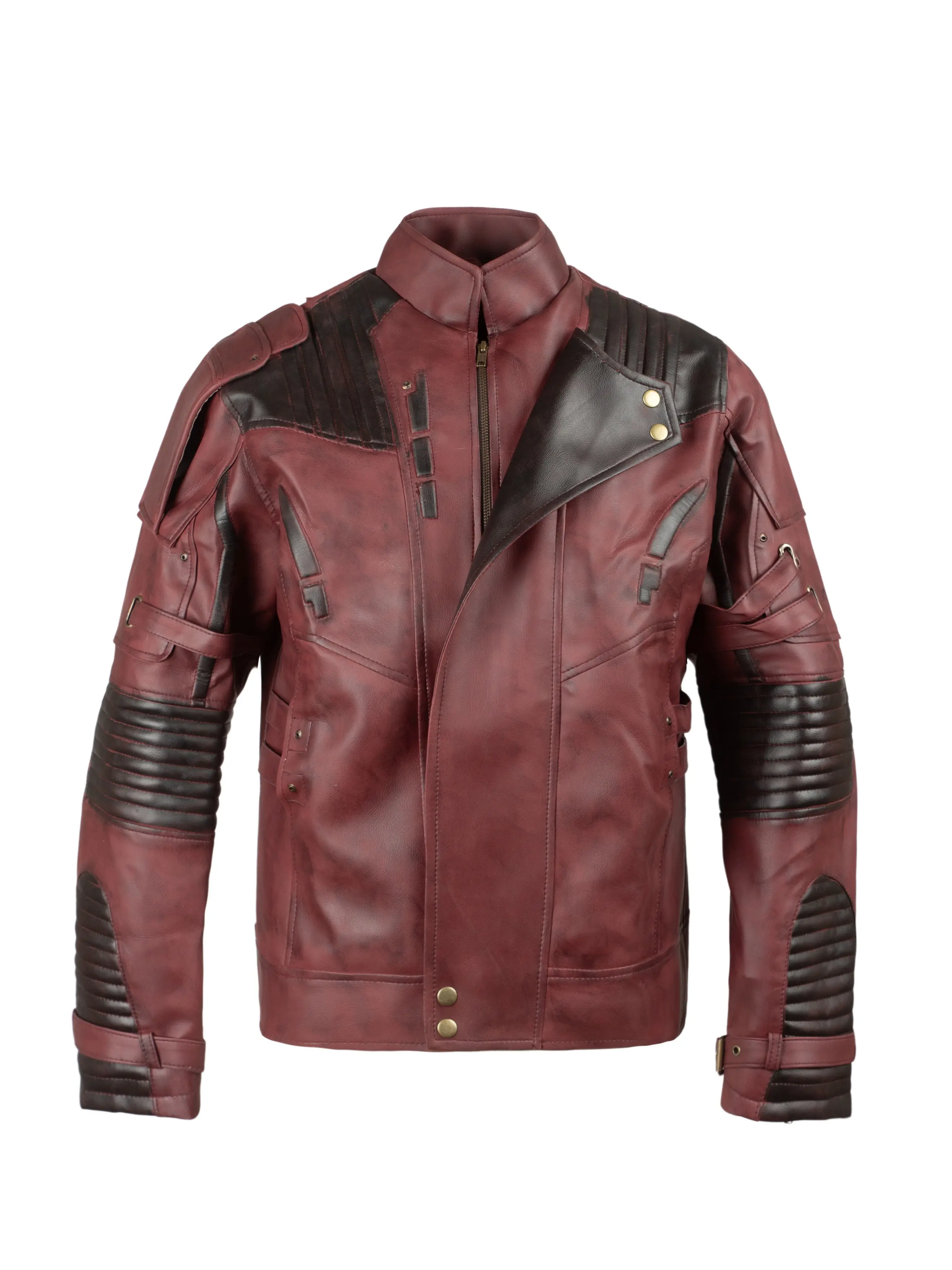 Guardians of the Galaxy Star Lords Jacket Premium Maroon Leather with Distressed Finish Black Ribbed Panels High-Neck Collar Reinforced Shoulders Tactical Design for Cosplay Streetwear Menswear Coats